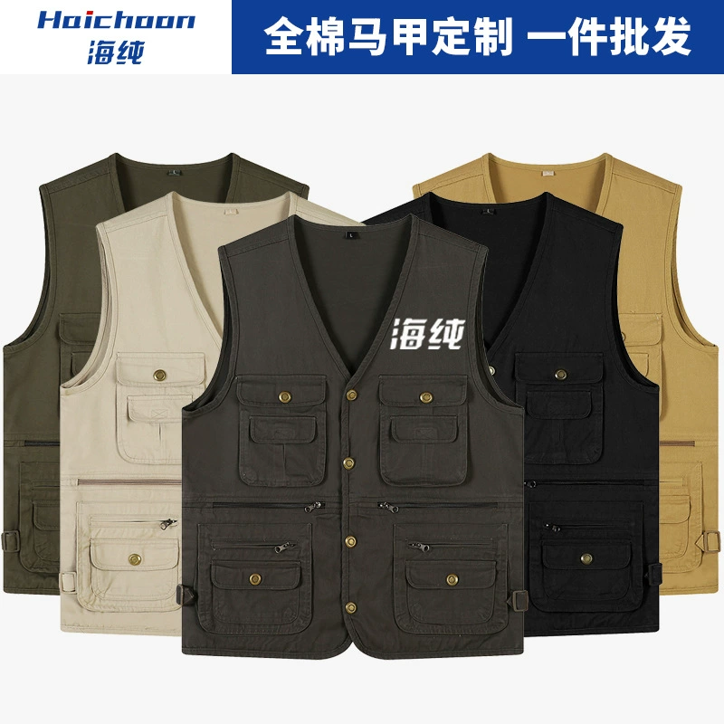 Оптовая продажа рекламного жилета с печатью вышивки репортер фотография комбинезоны с несколькими карманами для среднего и пожилого возраста инструментальный жилет с логотипом