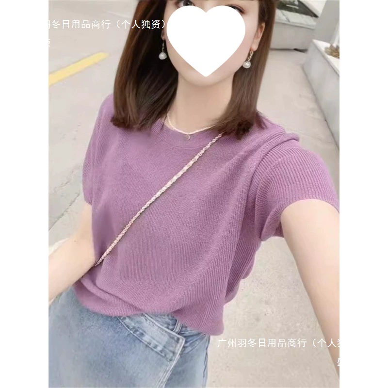 2024 новый европейский стиль, тонкий трикотаж из ледяного шелка с круглым вырезом, простая футболка с короткими рукавами, женский модный однотонный топ, модный