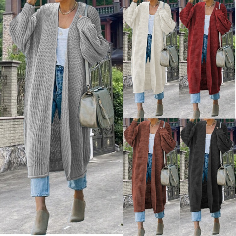 Foreign Trade Cross-border Autumn and Winter New Women's Knitted Sweater Cardigan Jacket Women's Curling Thick Line Long Knitted Coat Women