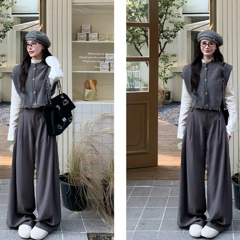Повседневный модный набор жилет свитер кардиган куртка женский 2024 осень и зима новый свободный внешний плечо