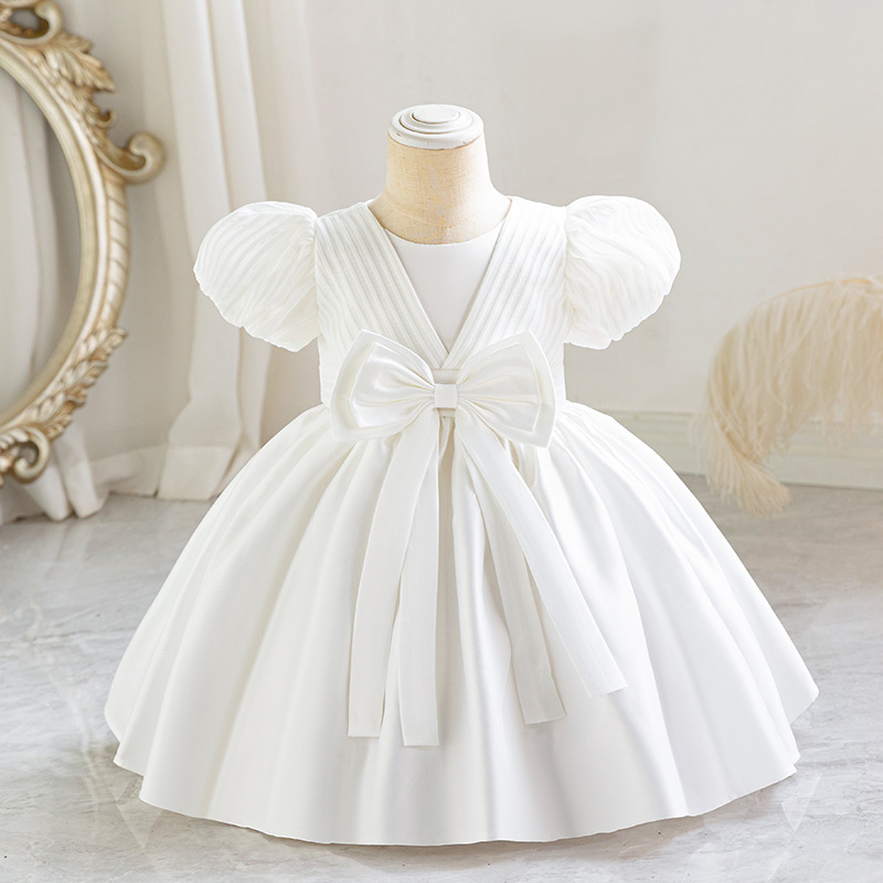 Robe d'anniversaire pour enfant Robe d'anniversaire pour enfant Robe de princesse de première année à rayures en satin avec nœud_voghion.com