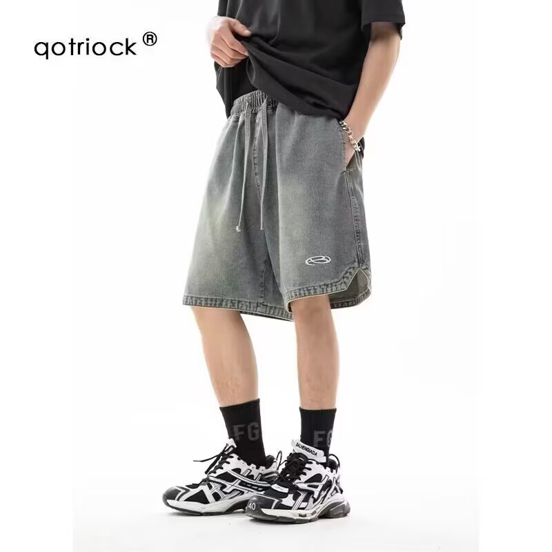 2025 Men's Clothing Hem Triangle Slit Design Denim Shorts Men's Summer New Fashion Embroidered Loose Couple Style