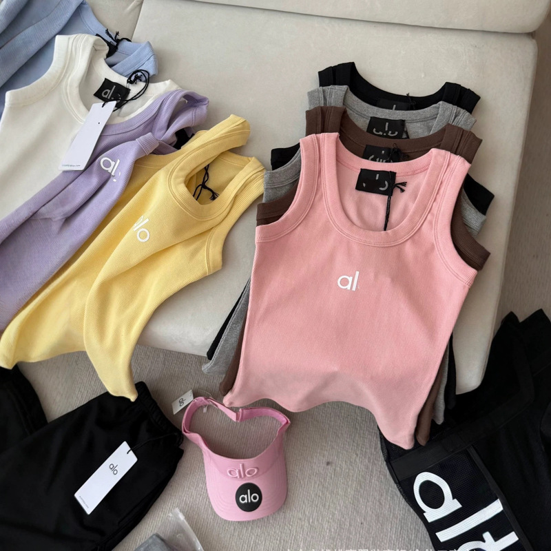 In-Stock Correct Version Spring/Summer Versatile American-Style Letter Embroidery Thickened Sports Tank Top Knitted Ribbed Fitness Backless Top