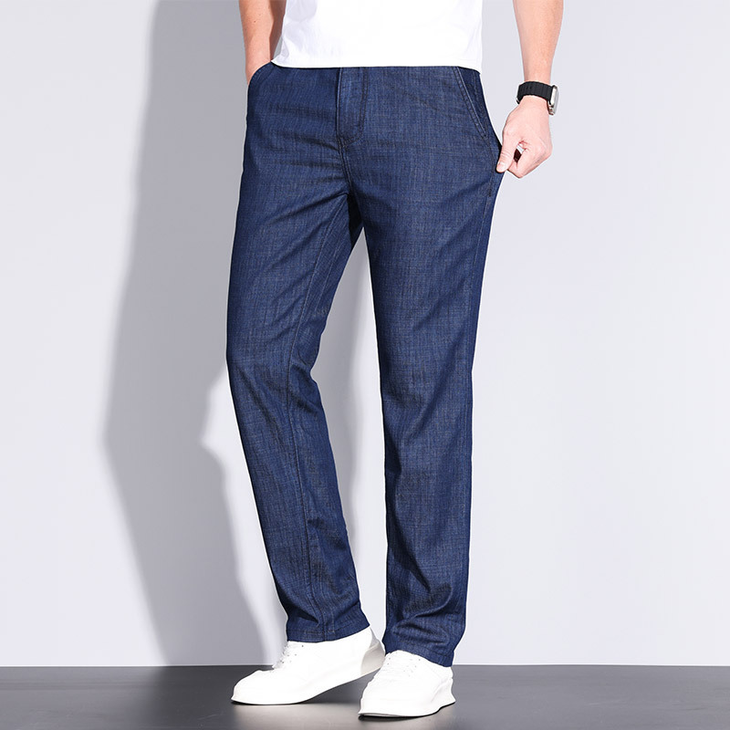 Spring and Summer Modal Cotton High-Waisted Men's Jeans, Loose Straight-Leg Men's Casual Denim Trousers, Comfortable Straight-Leg Men's Pants