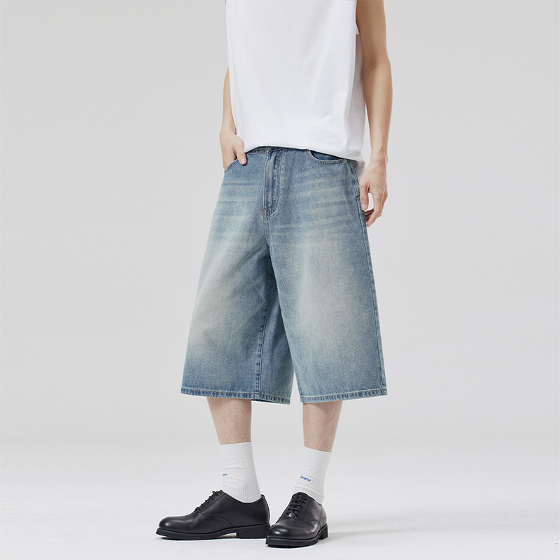 Summer New American Retro Trendy Brand Couple Loose Wide-Leg Cropped Pants Distressed Straight Slim Denim Shorts for Men