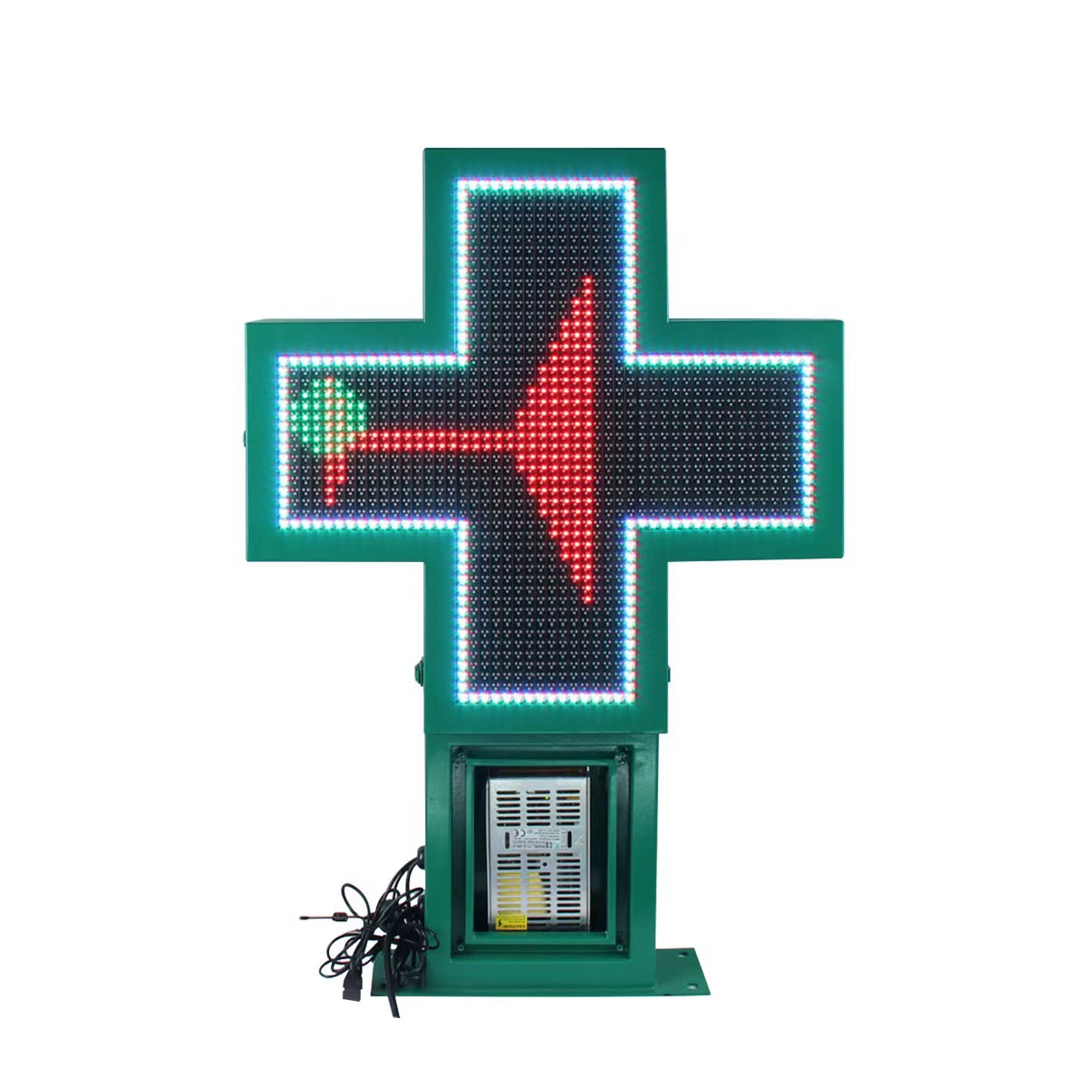 Двусторонний LED P16 однопрограммный зелёный крест, аптечный/больничный/церковный крест с редактируемым текстом и изображениями, уличный LED крест