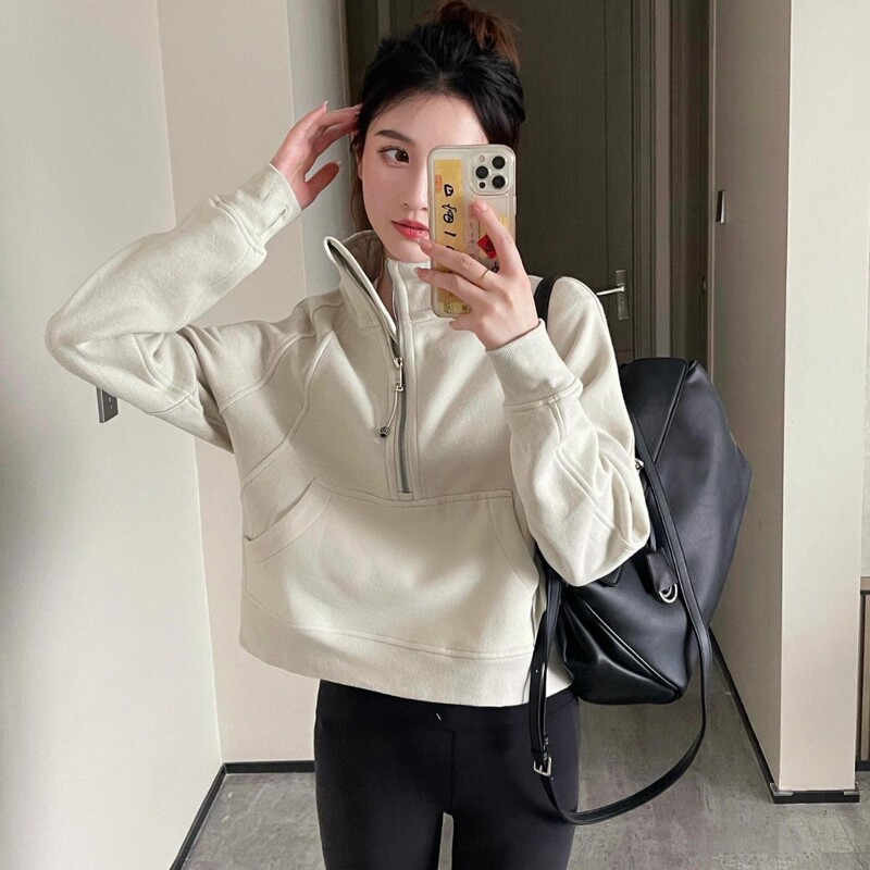 Lulu Original Embroidered Scuba Sweatshirt with Stand Collar, Half-Zip, Loose Fit, Fleece-Lined Jacket, Sports Fitness Top, Long Sleeves