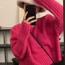 慵懒风玫红色毛衣女温柔系软糯针织衫秋冬季外穿设计感粗线上衣潮