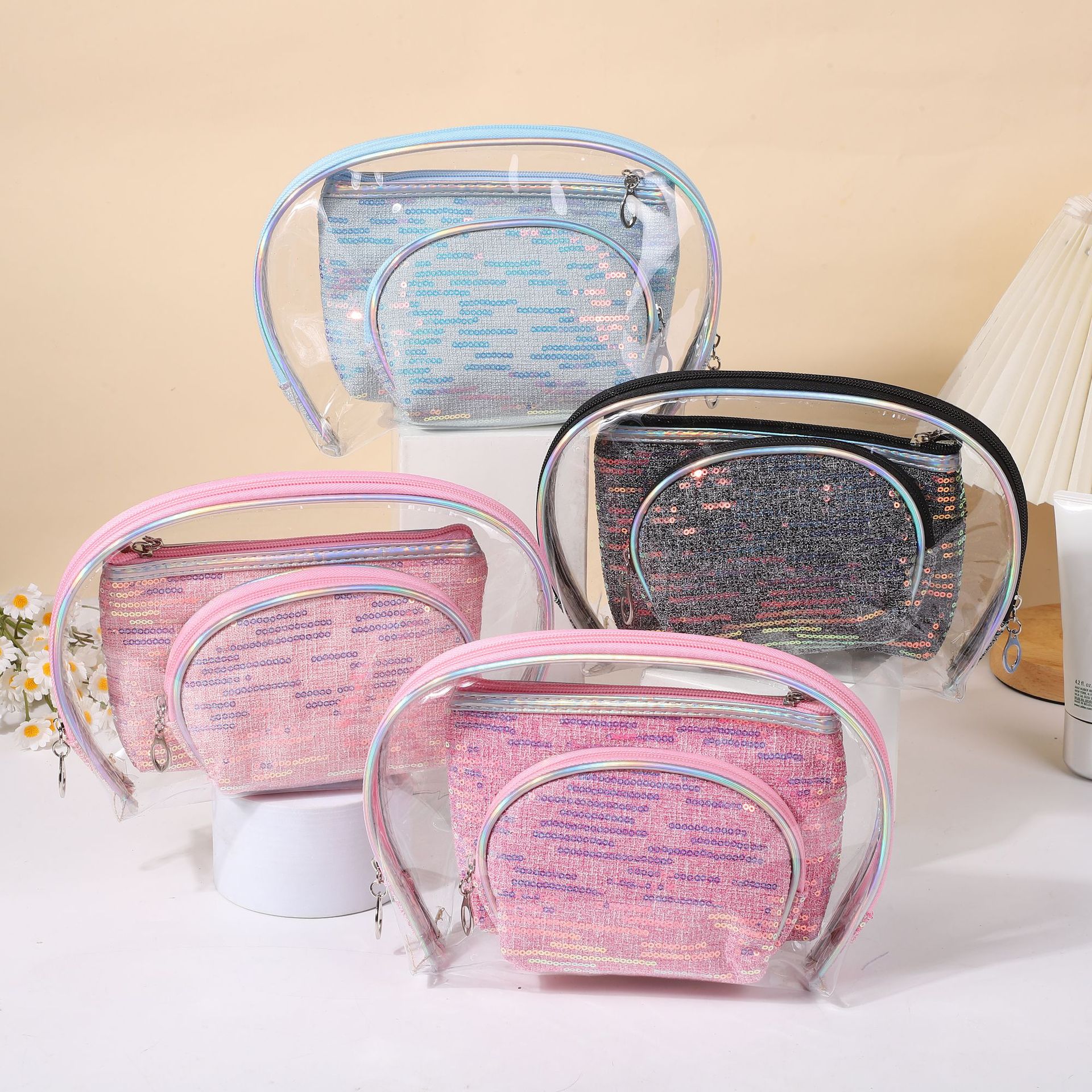 Set de Tres Piezas de Bolsas de Cosméticos Transparentes de PVC, Gran Capacidad, Impermeables, Portátiles, para Viaje