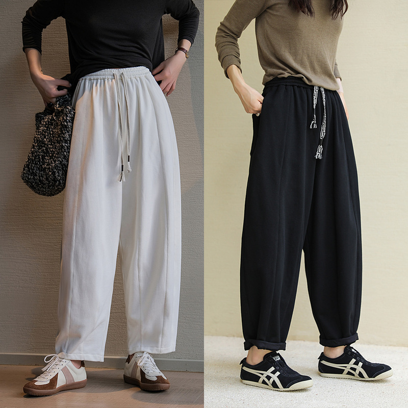 High-End Original Design Autum New Product 100% Cotton Long-Staple Cotton Fully Elastic Waist Casual Literary Slimming Look Sweatpants Fleece-Lined