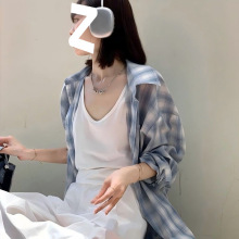 韩系蓝色格子防晒衬衫女新款慵懒休闲宽松百搭长袖衬衣外套上衣