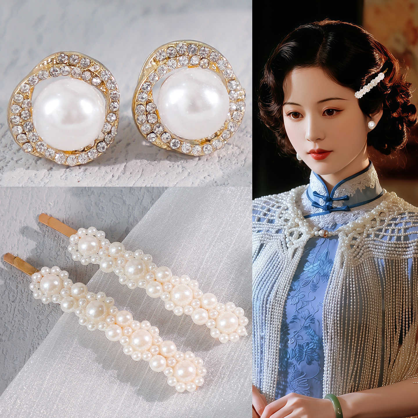 Ancient Style Han Dynasty, Versatile Elegant, Republic of China Hand-Pushed Wave Bangs Hair Accessories, Classical Cheongsam Accessories, Retro Imitation Pearl Hairpins