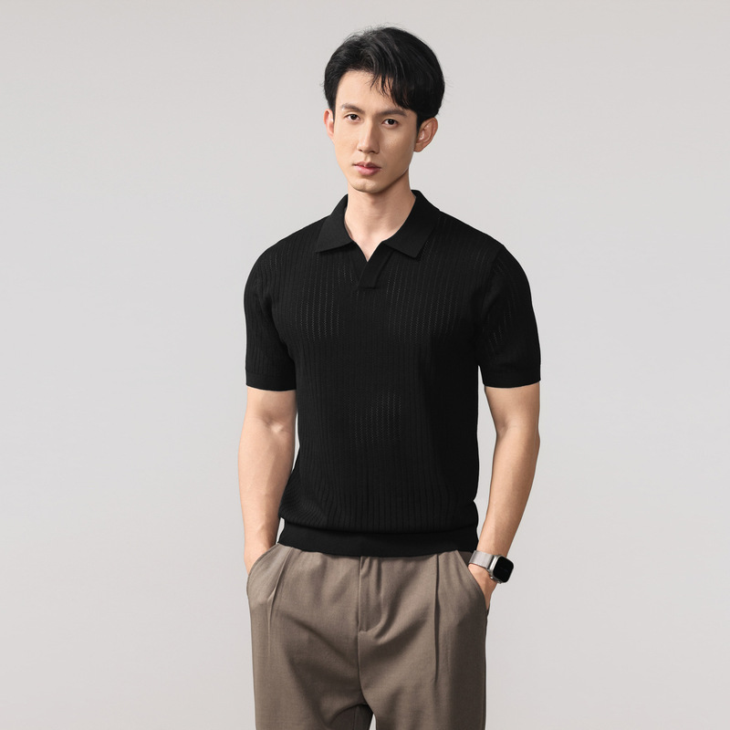 Old Money Style Polo Knitwear with Ribbed Texture, Casual Sweater, Short-Sleeved for Commuting
