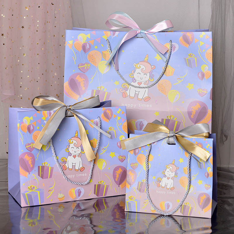 Unicorn Party Gift Bag Snack Packaging Bag with Double Ribbon Birthday Tote Colorful Cartoon Paper Bag Spot
