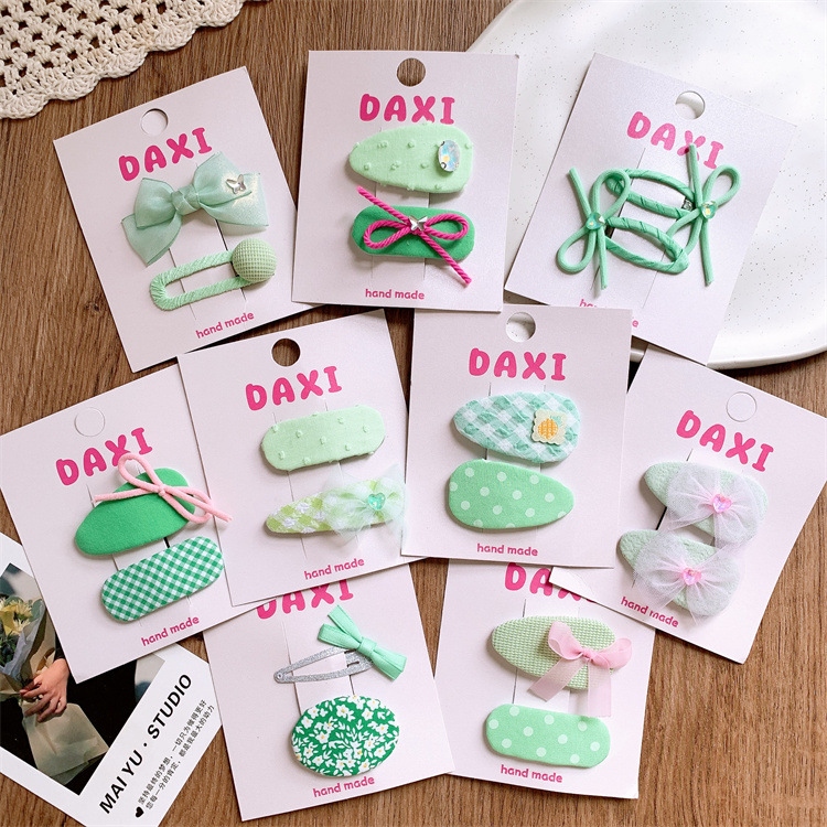 新款兒童小清新綠色系布藝蝴蝶結髮夾女童側邊碎發BB夾劉海夾發卡