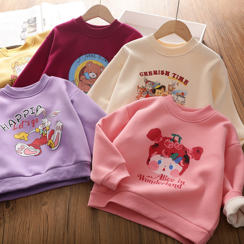 Girls' velvet round-neck sweatshirt, children's style cartoon all-in-one Austrian velvet warm casual pullover top, late autumn and winter