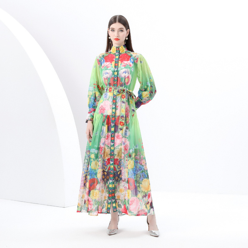 2025 early spring-painted wind stand collar lantern sleeve wave edge lengthened long retro printed dress two-piece set