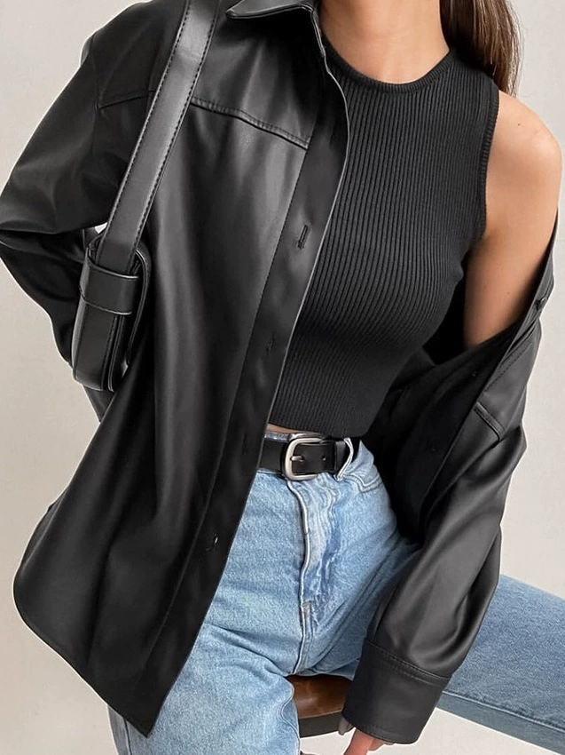 Black PU Leisure Shirt, European-Style Fashion Top with Stretch, Modern Chic for versatile leisure wear