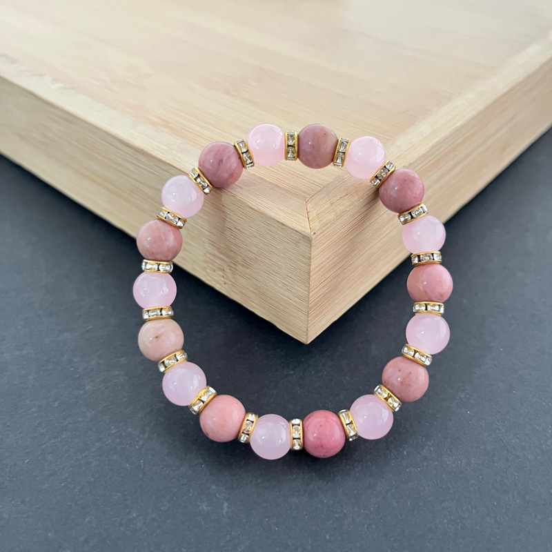 Cross-Border Hot-Selling 8mm Rose Quartz Beaded Bracelet with Diamonds, Fashionable Women's Elastic Bracelet, Personalized Gift