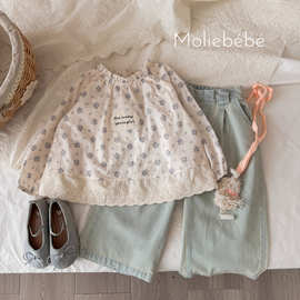 沫栗家2026春夏新款韩版童装女童碎花衬衫儿童蕾丝花边印花上衣