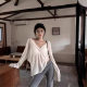 White Thin Micro-transparent V-neck Long-sleeved T-shirt Women's Summer Loose Sun Protection Blouse Casual Lazy Style Overalls