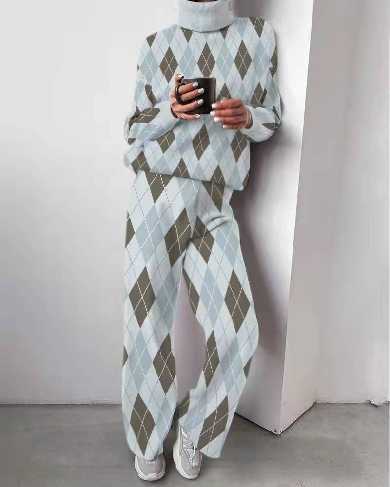 Abbigliamento da donna, nuova moda, stampa, pantaloni larghi a collo alto, completo due pezzi_voghion.com