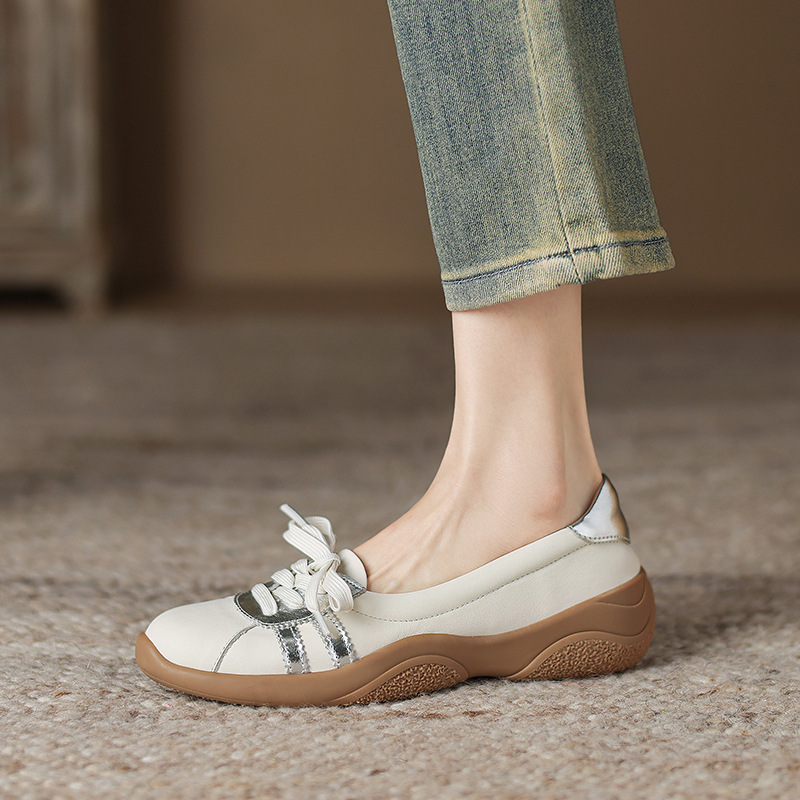 2025 Spring New Genuine Leather Thick-Soled Shallow Versatile Loafers for Women Casual Wedge Platform Color-Block Slip-On Shoes