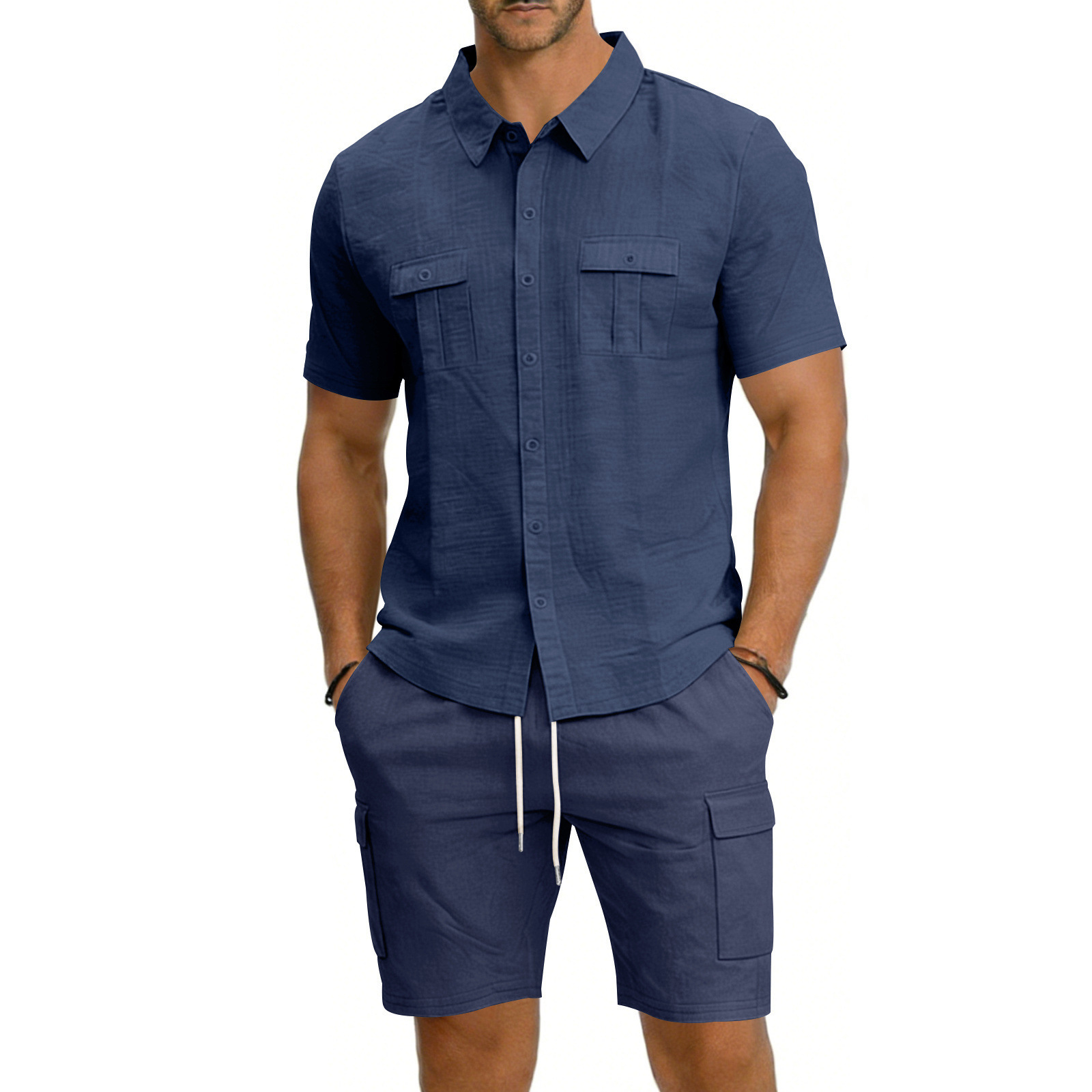 Men's Summer Linen Shirt And Work Shorts Set Casual Sports Outdoor Loose Fit Short Sleeved Collared Suit_viptrois.com