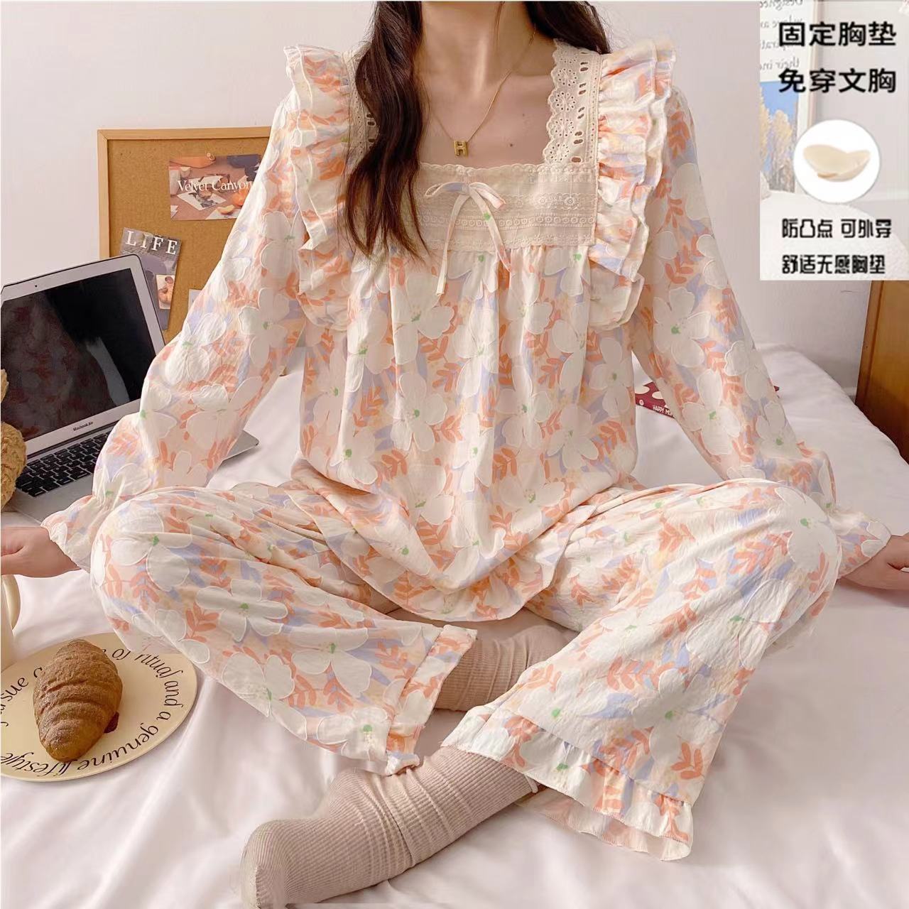 우유 거의 봄과 가을 긴팔 잠옷 여성 가슴 패드 안티 범프 구름 면화 공주 스타일의 가정 옷 세트