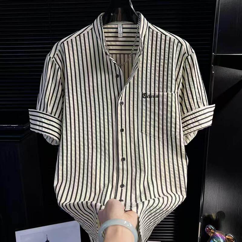 Lapel Short-Sleeved Shirt for Men, Loose Casual Trendy Outerwear, High-End Striped Shirt, Half-Sleeved Shirt for Men, Summer Cool Style Lapel Short-Sleeved Shirt for Men, Loose Casual Trendy Outerwear, High-End Striped Shirt, Half-Sleeved Shirt for Men, Summer Cool Style