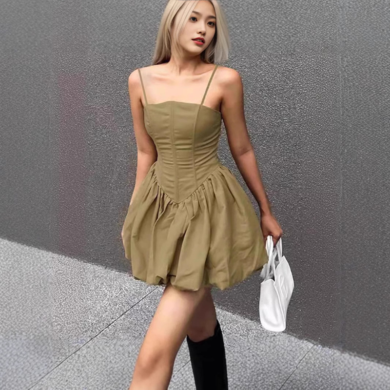 Corset Fishbone Bubble Mini Skirt Summer New Arrival Pleated Slim-Fit Strap Puffy dress Super Short Tight Waist