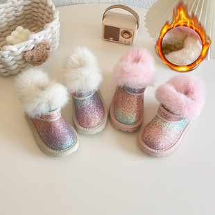 2024 Winter Girls' Warm Snow Boots Girls' Winter Cotton Shoes Student Shiny Diamond Princess Thickened Cotton Boots Dropshipping