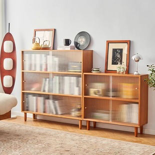Nordic style solid wood cherry wood home floor low bookcase locker simple children's shelf glass door bookshelf