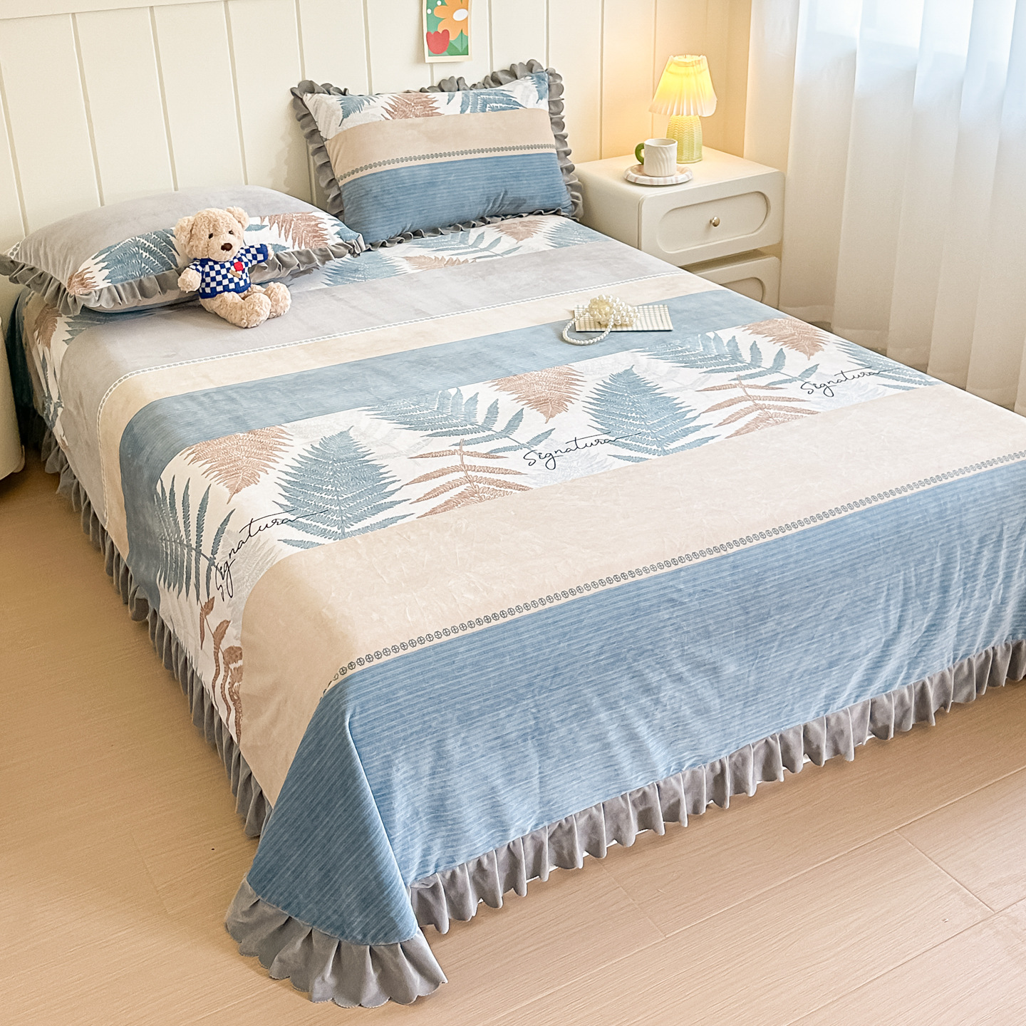 2025 New Autumn and Winter Baby Velvet Milk Velvet Bed Sheetss Baby Velvet Single Layer Lace Printed Bed Cover Three-Piece Set