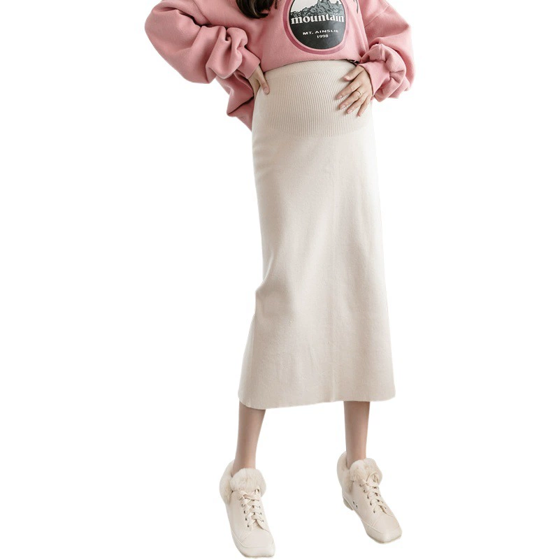 Вязаная юбка для беременных средней длины, осень-зима 2024, модная шерстяная юбка для мамы с разрезом для поддержки живота, модная повседневная юбка