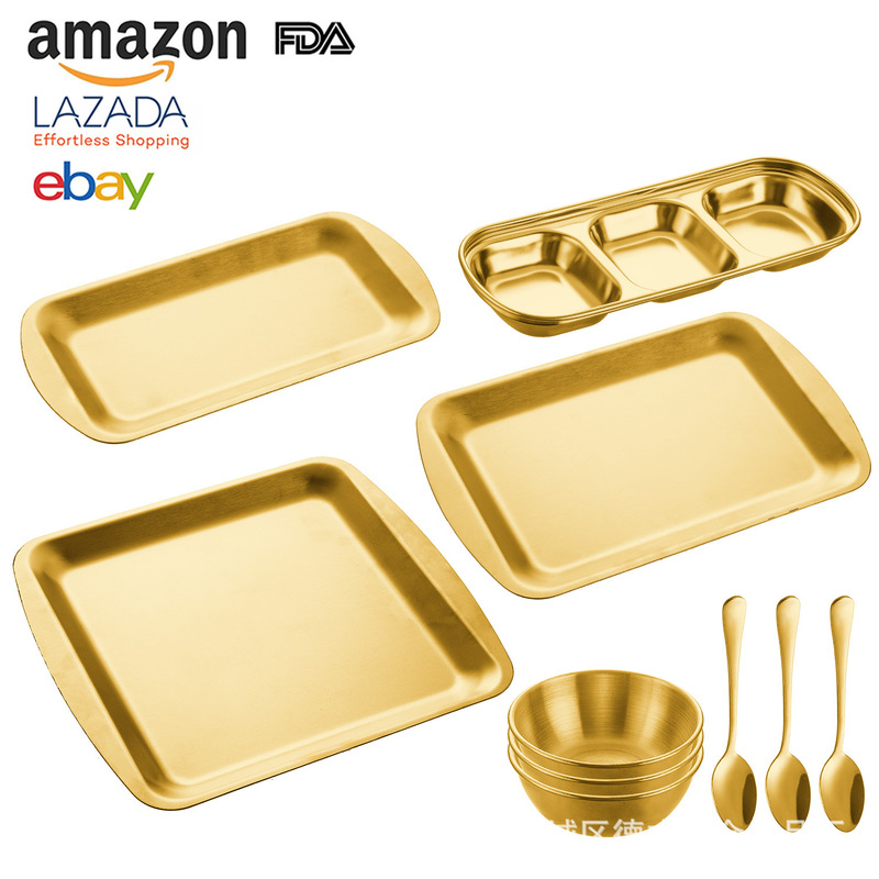 Stainless Steel Plates and Spoons Outdoor Camping Tableware Set Kitchen Utensils Simple Tray Storage Plates Wholesale