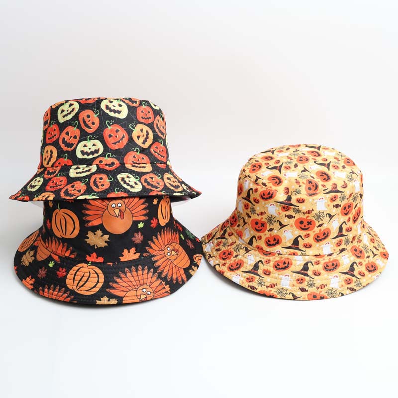 Halloween Pattern, Pumpkin Pattern Autumn Season Unisex Hip-Hop Funny Halloween Pattern Pumpkin Printing Big Eaves Bucket Hat