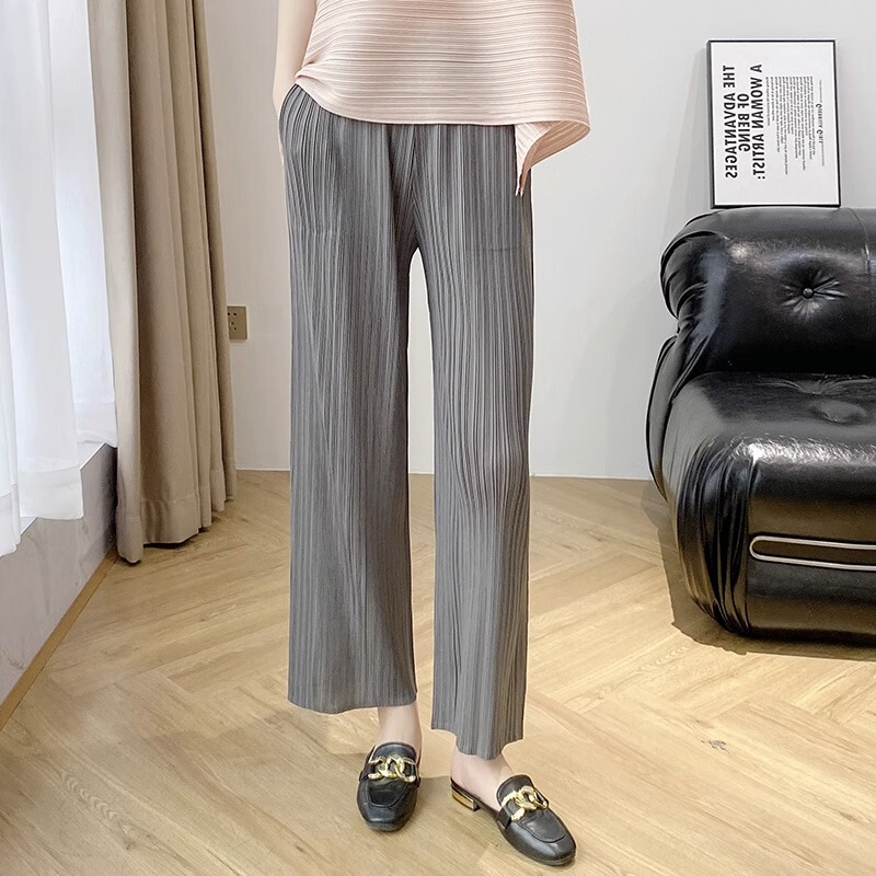 Miyake Pleated Straight-Leg Cropped Pants for Women, Casual Pants, Loose High-Waisted Stretch Pants, Slightly Elastic, Comfortable, Leg-Lengthening