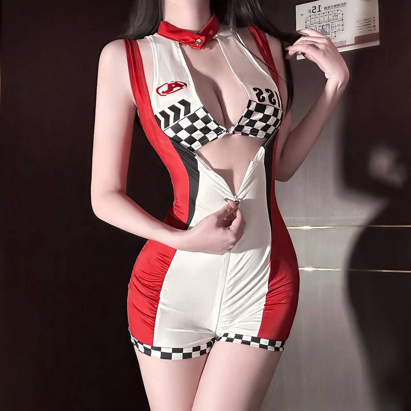 Chaomu Sexy Lingerie, Passionate Racing Girl Uniform, Temptation Splicing Jumpsuit, Stage Nightclub, No Need to Take Off Deep V Skirt