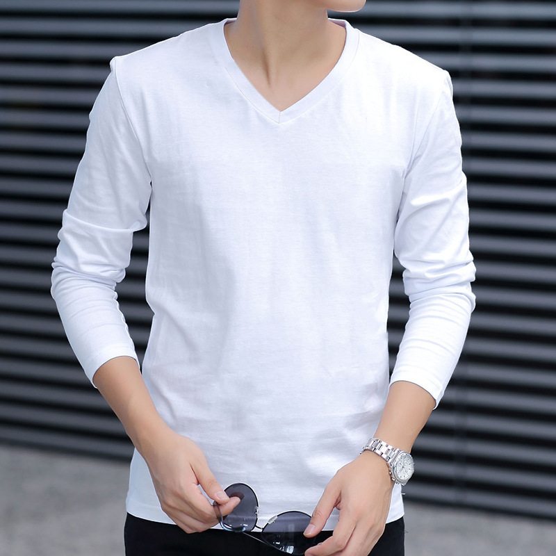 Trendy Men's Long-Sleeve Cotton V-Neck T-Shirt 2025 New Style Tops Men's Clothing Autumn Solid Color White Undershirt Base Shirt