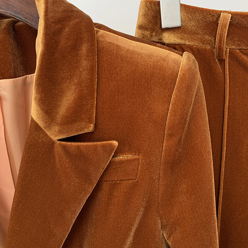 Women's Clothing Autumn And Winter Professional Fashion One Button Gold Velvet Suit Jacket Flared Pants Suit Two Piece Set_voghion.com