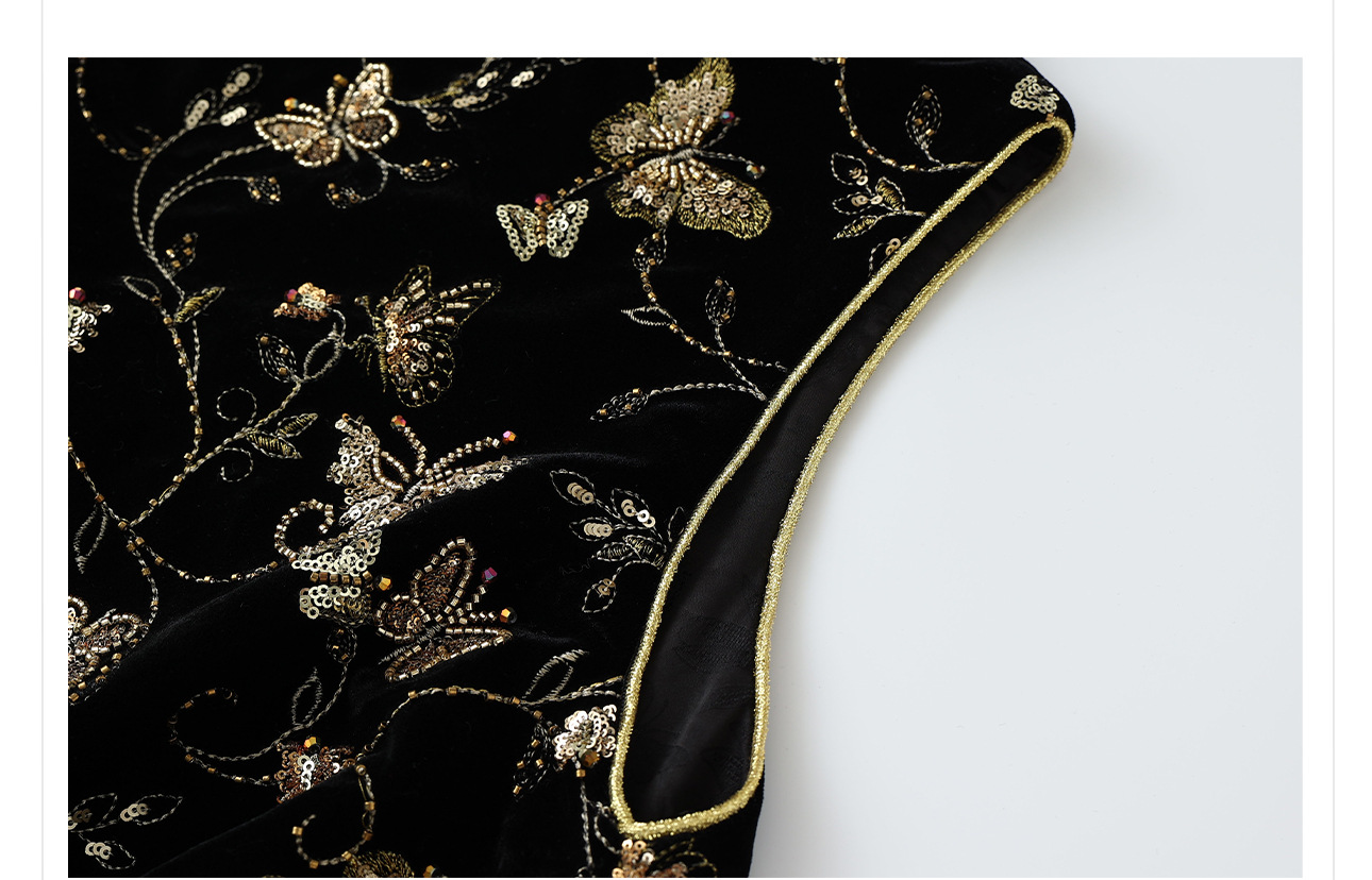 Bộ áo vest không tay thêu sequin đen vàng + chân váy nhung xẻ tà phong cách Trung Quốc mùa xuân hè — váy, áo vest chi tiết 19