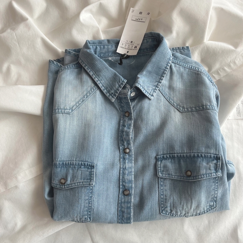 Heavy Washing ~ Drapey Tencel Denim Shirt European and American New Workwear Style Slim and Versatile Long-Sleeved Shirt for Women