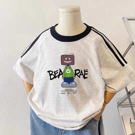 批发男女童装夏季韩版插肩短袖t恤中大童洋气三条杠休闲运动上衣