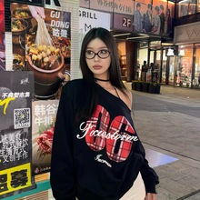 韩版露肩无帽上衣大领口个性街头酷潮流趣味学院斜肩圆领卫衣女潮