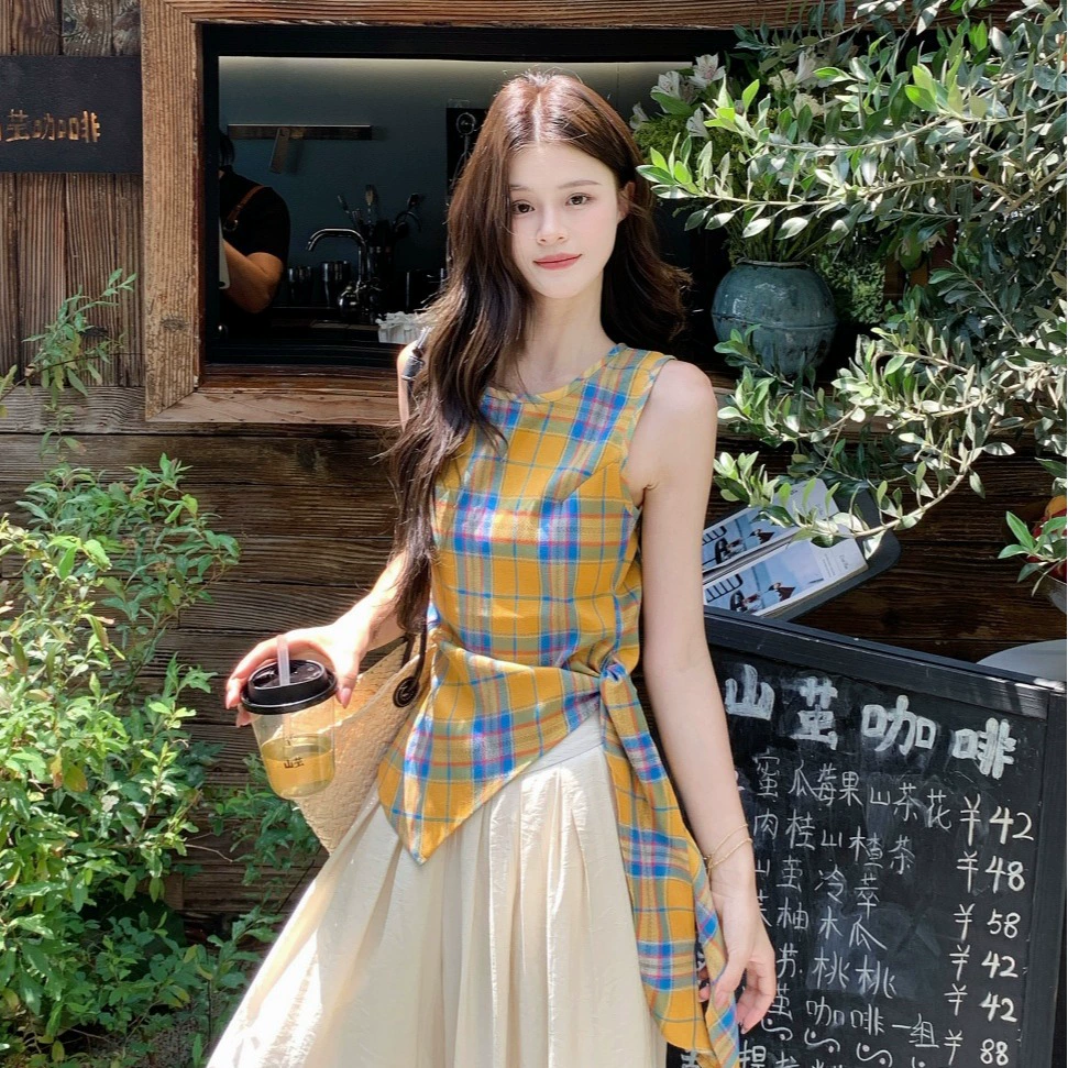 Летний наряд для музыкального фестиваля дофамина, желтый нерегулярный клетчатый женский верх без рукавов, топ для отпуска