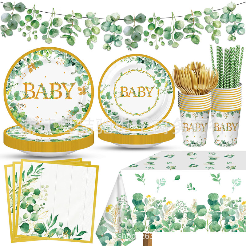Baby Eucalyptus Leaf Theme Party Plates Baby Shower Disposable Paper Cups Paper Plates Paper Napkins Tablecloth Decoration