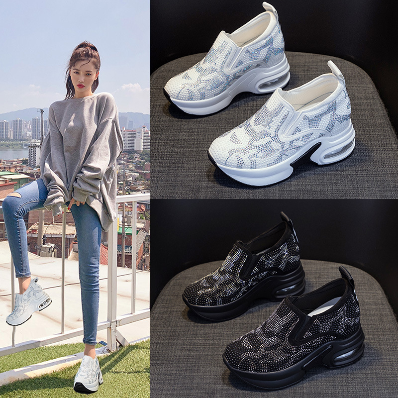 Thick-Soled Women's Shoes 2026 Spring and Summer New Casual Height-Increasing White Sneakers with Rhinestones, Thick-Soled Sports Air-Cushion Shoes, Large Size
