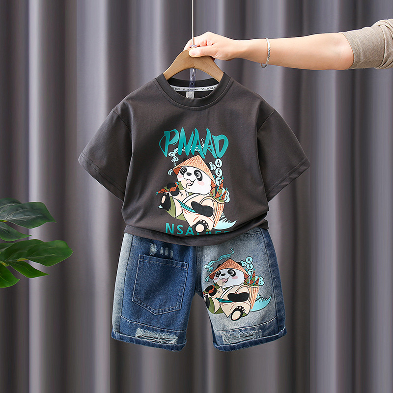 7188 traje de manga corta para niños 2025 verano nuevo estilo camiseta estampada para niños pantalones cortos de mezclilla traje de dos piezas marea de verano