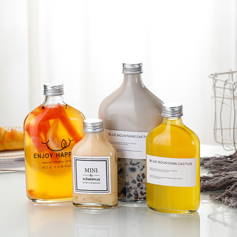 奶茶瓶斜肩扁玻璃空瓶新款透明玻璃果汁饮料瓶扁酒瓶咖啡冷饮